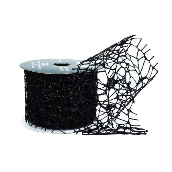Celebrate It Black Glitter Spiderweb Ribbon, 2.5 in x 6.6 yd
