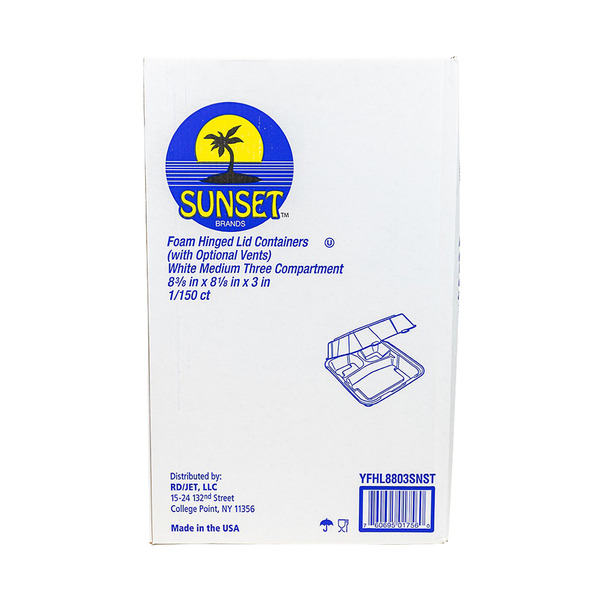 Sunset - YFHL8803 - 8X8 Foam Hinged Container, 3-Compartment - 150 ct