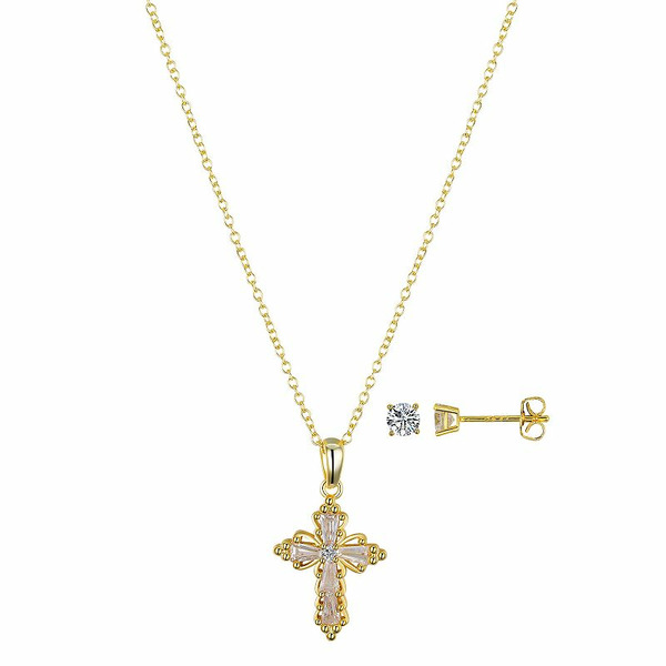 Gratitude & Grace 14k Gold Plated Cubic Zirconia Stud Earrings & Baguette Cross Pendant Necklace Set, Women's, Size: 18", Gold Tone
