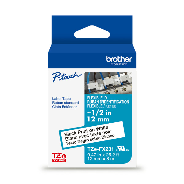 Brother Flexible ID Laminated P-touch TZeFX231 on Label Tape, 1/2 in x 26.2 ft - Black & White