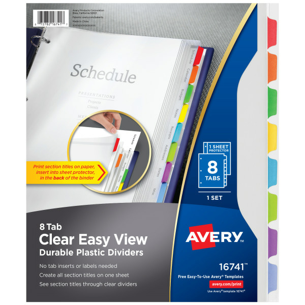 Avery 16741 Multicolor 8-Tab Easy View Blank Plastic Dividers Set