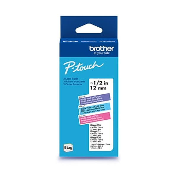 Brother P-Touch Btag Label Tape, 0.47 in x 13.1 ft - White on Purple, Black on Light Blue & White on Pink