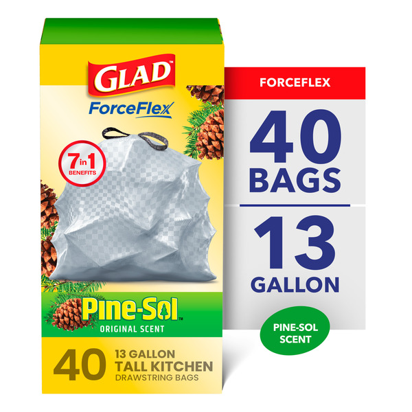Glad ForceFlex Tall Kitchen Drawstring Trash Bags, 13 Gallon, Pine-Sol Original