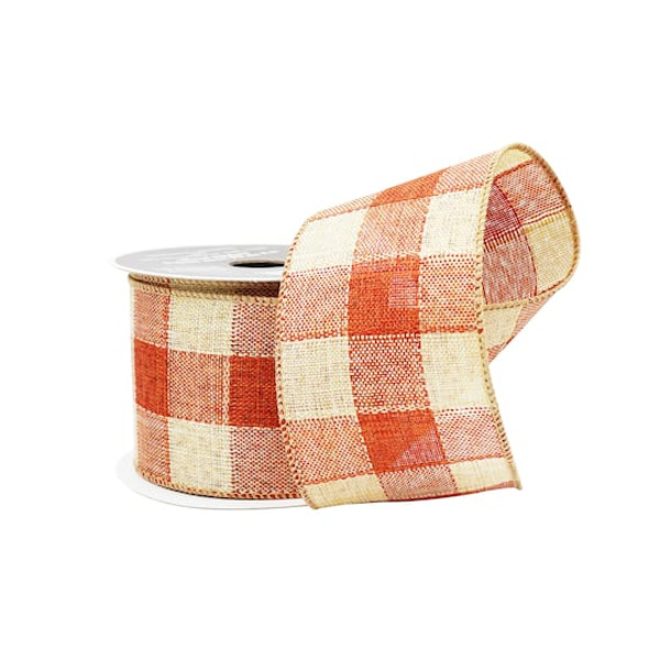 Celebrate It Orange Plaid Check Wired Ribbon, 2.5 in x 6.6 yd