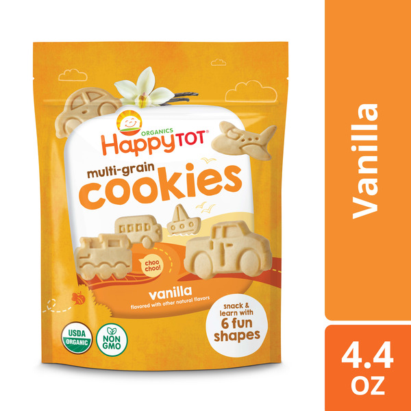 Happy Tot Organic Multi-Grain Cookies Toddler Snack, Fun Transportation Shapes, Vanilla, 4.4 Ounce Bag