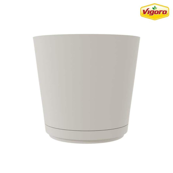 Vigoro Kyra 15.5 Qt. Medium Cottage Stone Resin Round Planter With Attached Saucer (12 In. L X 12 In. W X 10.98 In. H)