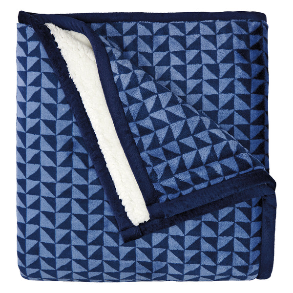 ALDI Huntington Home Print Velvet Plush Sherpa Throw Blanket Navy