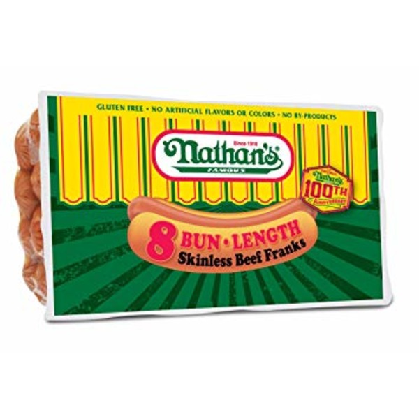Restaurant Depot Nathan’s Famous 10/1 Bun Length Skinless Beef Franks