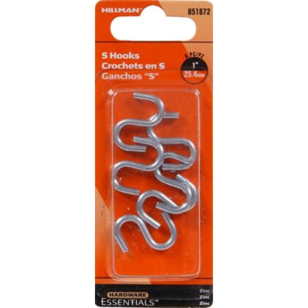 Hillman Hardware Essentials 20 lb. 0.121 in. x 1 in. S-Hooks, Zinc, 6-Pack