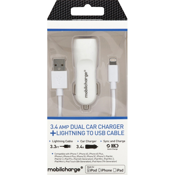 IPhone 6/5/5C/5S Car Charger With Cable - 2-in-1 Fast Charging Kit (White, Plastic, NIN Brand)