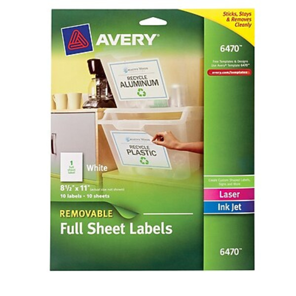 Avery 8-1/2" x 11" 6470 Removable Full Sheet White Labels