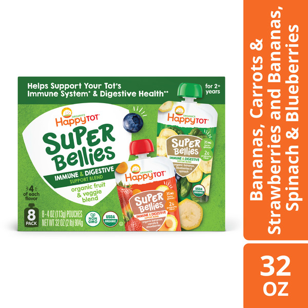 Happy Tot Organics Super Bellies Stage 4 Immune + Digestive Support Blend Pouch Variety Pack, Organic Bananas, Carrots, Strawberries, Spinach and Blueberries, 4 oz, 8 count