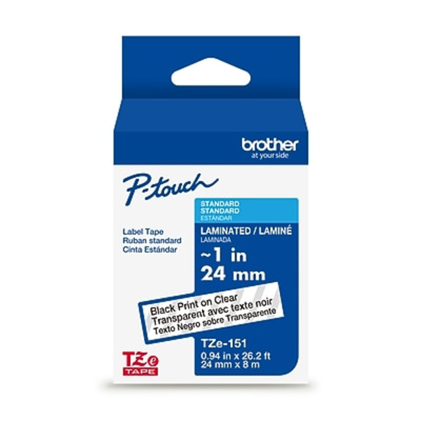Brother P-Touch TZe151, Laminated Clear Label Tape, 1 in x 26.2 ft - Black