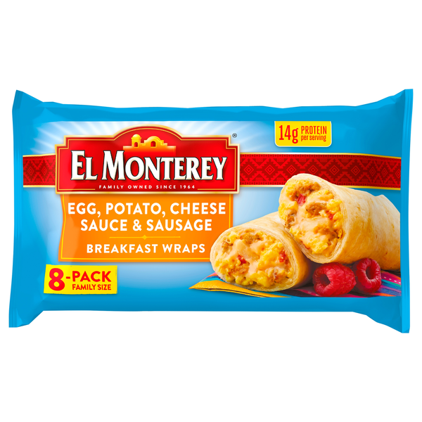 El Monterey Egg, Potato, Cheese Sauce & Sausage Breakfast Wraps