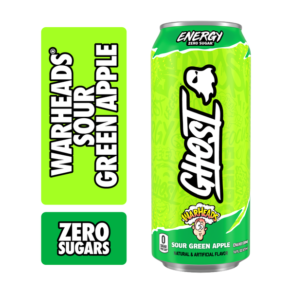 GHOST Zero Sugar Energy Drink, Warheads Sour Green Apple Same-Day