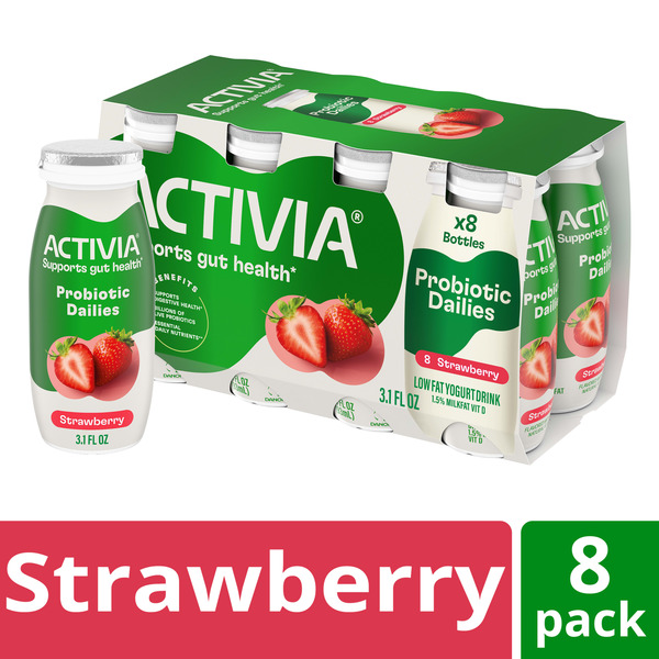 Activia Probiotic Dailies Strawberry Low Fat Yogurt Drinks, Delicious Daily Probiotic Yogurt Drinks to Help Support Gut Health, 3.1 fl oz, 8 count