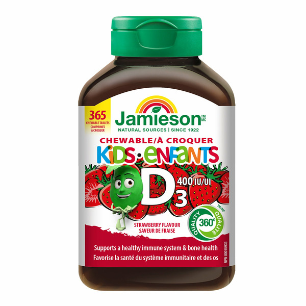 Jamieson Chewable Vitamin D3 400 IU for Kids Strawberry Flavour, 365 Tablets