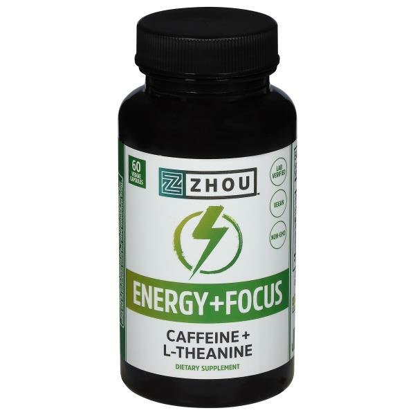 Zhou Caffeine + L-Theanine, Energy + Focus, Veggie Capsules Same