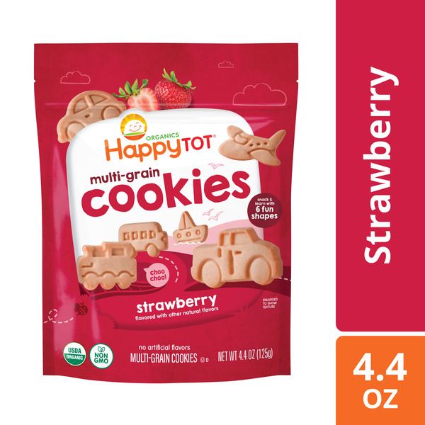 Happy Tot Organic Multi-Grain Cookies Toddler Snack, Fun Transportation Shapes, Strawberry, 4.4 Ounce Bag
