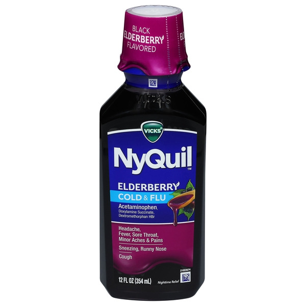 Vicks NyQuil Elderberry Flavor Cold & Flu Medicine, Nighttime Relief, 12 FL  OZ