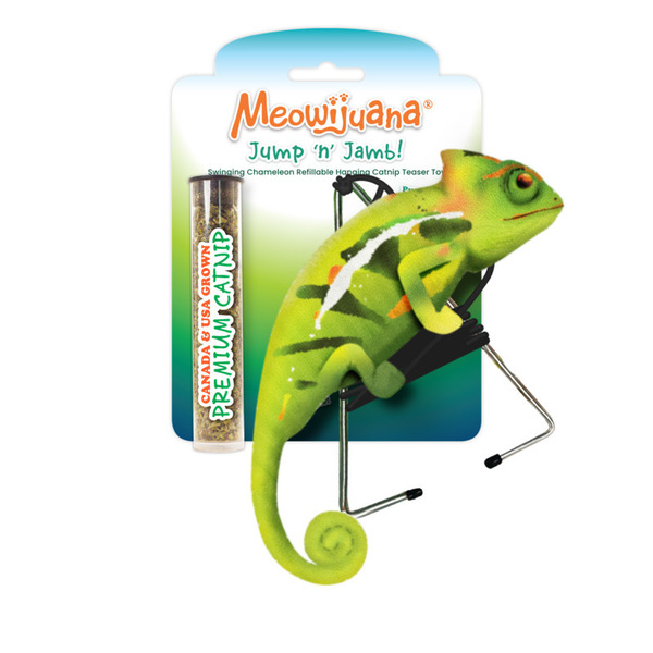 Meowijuana Jump 'n' Jamb Swinging Chameleon, Refillable Catnip Teaser Toy