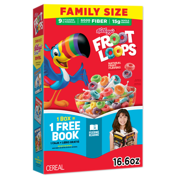 Kellogg's Froot Loops Breakfast Cereal, Good Source of Fiber, 15g Whole Grains, Family Size, 16.6 oz