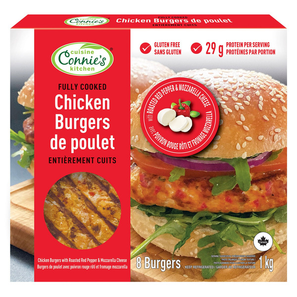 Connie’s Kitchen Fully Cooked Chicken Burgers With Roasted Red Peppers & Mozzarella Cheese
