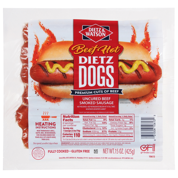 Dietz & Watson Smoked Sausage, Beef Hot, Uncured Same-Day Delivery