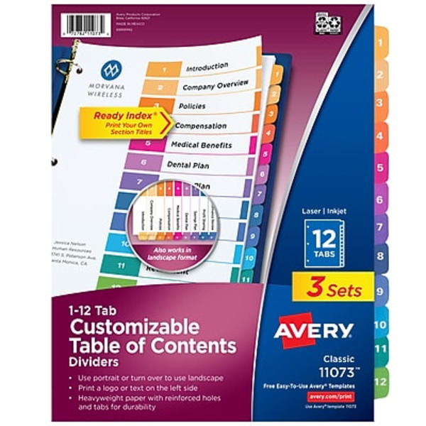 Avery 11073 12-Tab Table of Contents Dividers