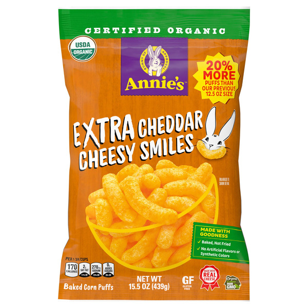 Annie's Organic Extra Cheddar Cheesy Smiles Corn Puffs, 15.5 oz