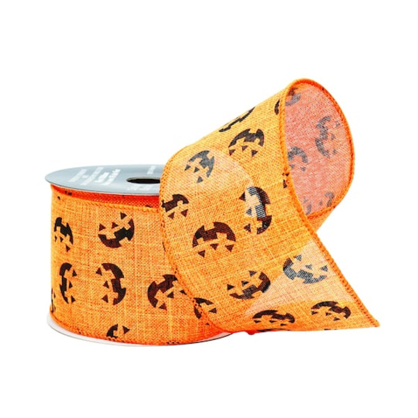 Celebrate It Orange Pumpkin Wired Faux Linen Ribbon, 2.5 in