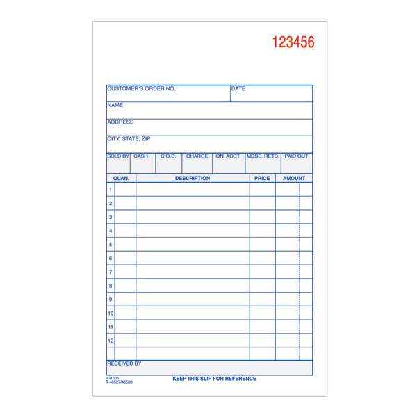 Adams TC4705 7.19"L x 4.19"W Blue & White 3 Part Carbonless Sales Order Book