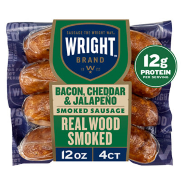 Wright Brand Real Wood Smoked Bacon, Cheddar & Jalapeño Smoked Sausage, 4 ct