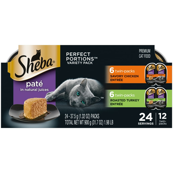 SHEBA PERFECT PORTIONS Wet Cat Food Pate Variety Pack Savory Chicken & Roasted Turkey - 1.98 lb