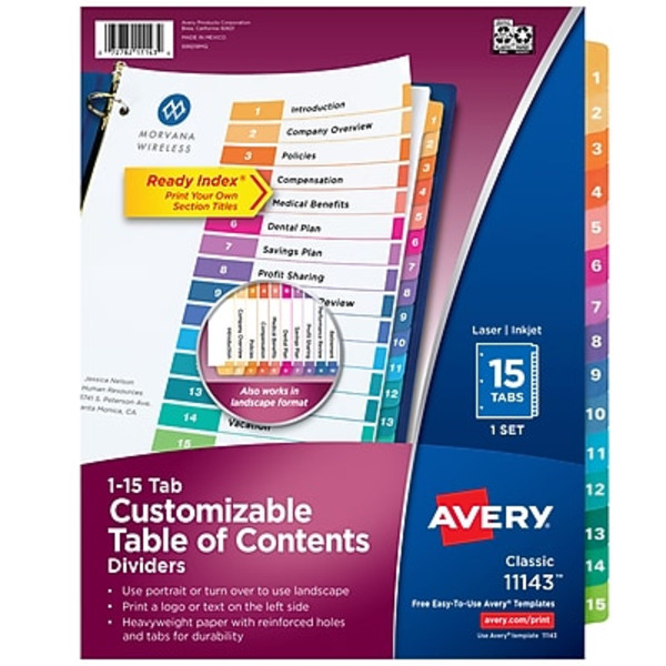 Avery Multicolor 15-Tab Index Table of Contents Dividers for Laser & Inkjet Printers