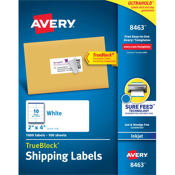 Avery 8463 10 Sheet 2" x 4" White Sure Feed Technology TrueBlock Inkjet Shipping Labels