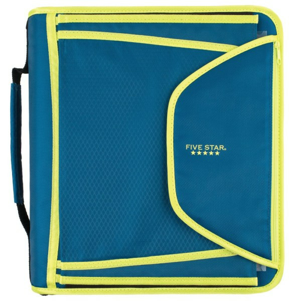 Five Star Zipper 3-Ring Binder With Expanding File - Teal & Chartreuse - 2" Round Rings