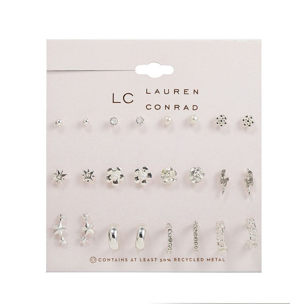 LC Lauren Conrad Silver Tone Floral Stud & Hoop Earring Set