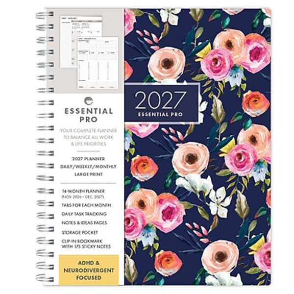 Excello Brands Essential Pro 2027 Weekly & Monthly Hardcover Planner, 8.5 x 11 in - Navy Floral