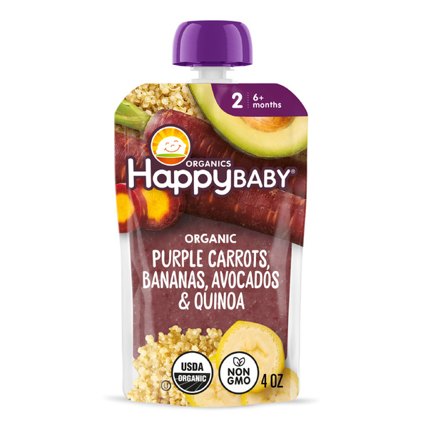 Happy Baby Organics Organics Stage 2 Baby Food Pouches, Gluten Free, Vegan & Healthy Snack, Clearly Crafted Fruit & Veggie Puree, Purple Carrots, Bananas, Avocados & Quinoa, 4 oz.