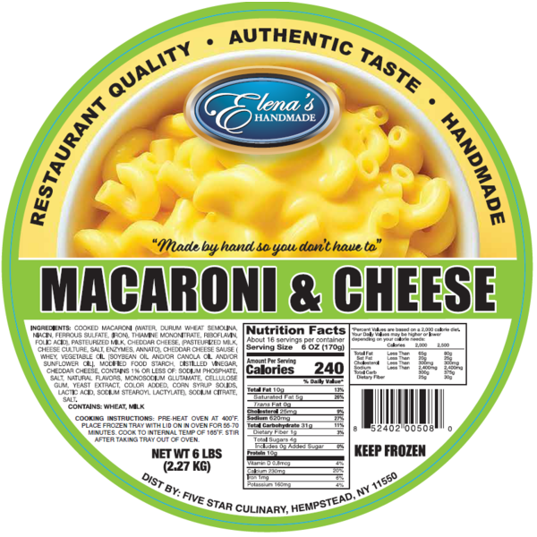 Elena's Frozen Macaroni & Cheese Trays - 4.75lb/5ct