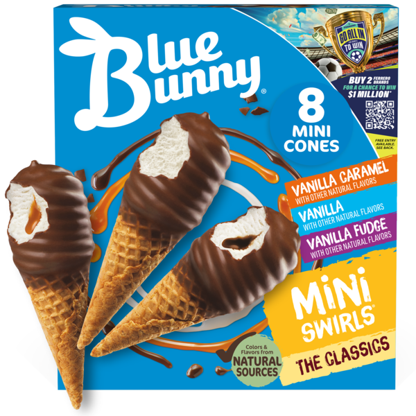 Blue Bunny Mini Swirls Classic Mini Cones Variety Pack, Frozen Dessert, 8 Pack
