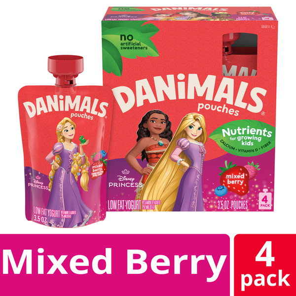 Danimals Pouches Mixed Berry Squeezable Yogurt, Creamy and Delicious Low Fat Yogurt Snacks for Kids, 4 Ct, 3.5 oz Yogurt Pouches​​