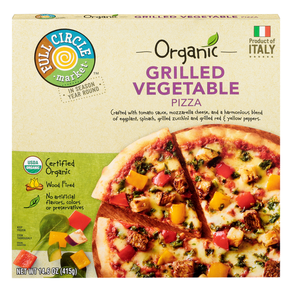 GRILLED VEGETABLE PIZZA CRAFTED WITH TOMATO SAUCE, MOZZARELLA CHEESE, AND A HARMONIOUS BLEND OF EGGPLANT, SPINACH, GRILLED ZUCCHINI, & GRILLED RED AND YELLOW PEPPERS, GRILLED VEGETABLE