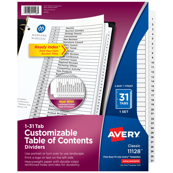 Avery 11128 Preprinted 1-31 White Tab, Ready Index Printable Section Titles  Customizable Table of Contents Dividers