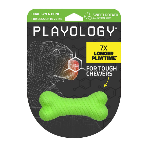Playology Sweet Potato Scented Dual Layer Bone Dog Toy, Small - Green