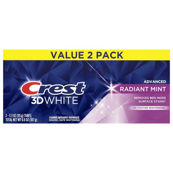 Crest 3D White Advanced Toothpaste, Radiant Mint, 3.3 oz, Pack of 2 ...