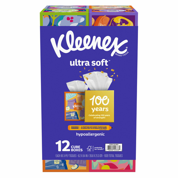 Kleenex Ultra Soft Facial Tissue, 3-Ply, 85-count, 12-pack