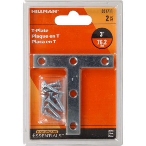 Hillman Hardware Essentials 3 in. x 3 in. T-Plate, Zinc, 2-Pack