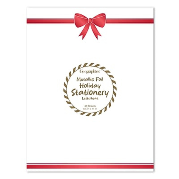 GE ographics Red Bow Metallic Foil Holiday Stationery Letterhead, 8.5 x 11 in